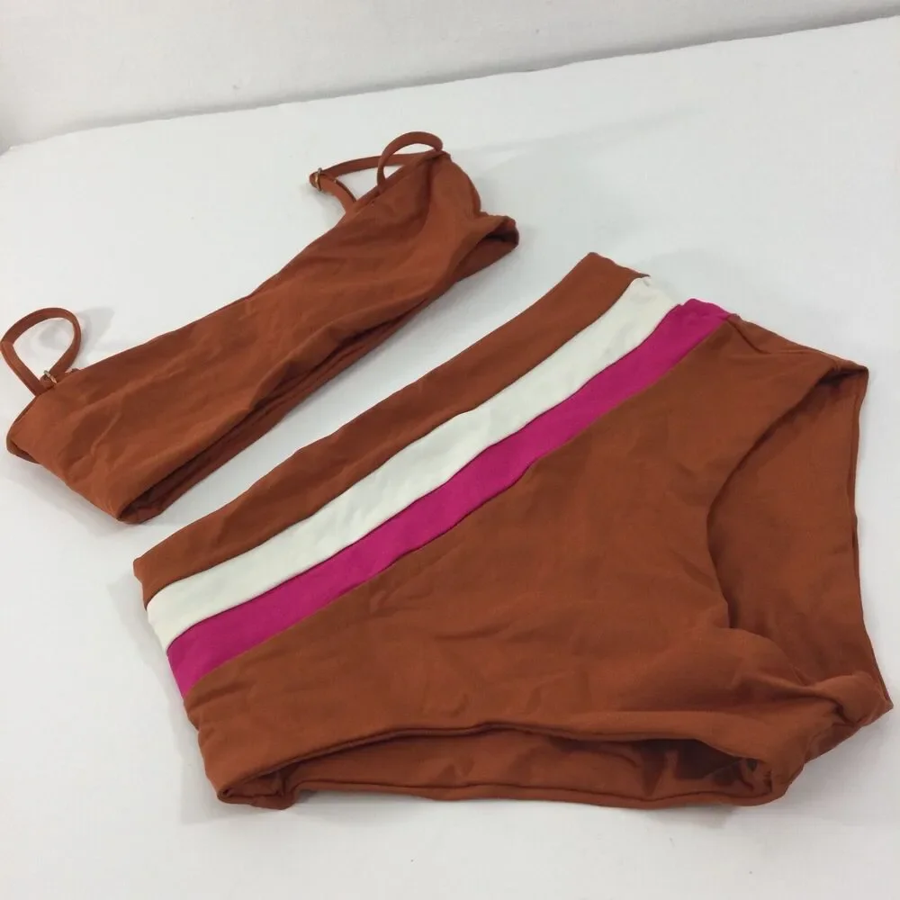 L*Space Womens Rebel Stripe Amber-Bougainvillea-Cream Swim Top Bottom Size XS/S